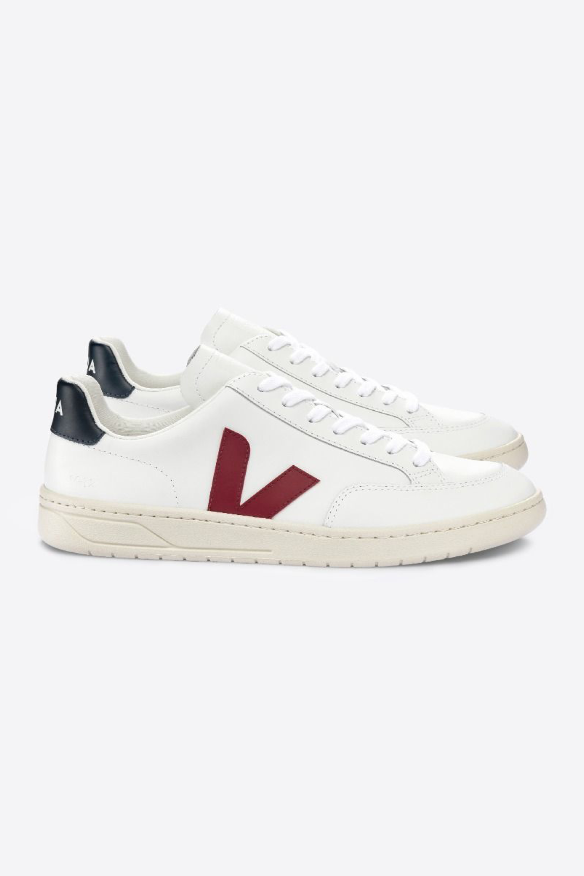 Veja Womens V-12 Leather Sneakers - White/Marsala/Navy