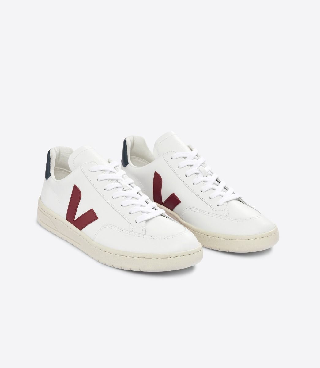 Veja Womens V-12 Leather Sneakers - White/Marsala/Navy