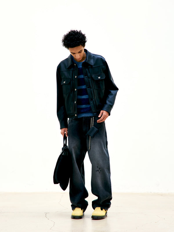 ジャケット・アウター COOR Goat Skin Pocket Trucker Jacket COOR Goat Skin Pocket Leather Jacket - Black - Due West