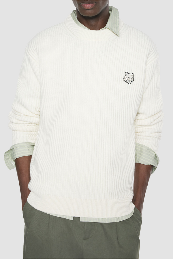 Maison Kitsuné Fox Head Wool Ribbed Sweater - Ecru - Due West