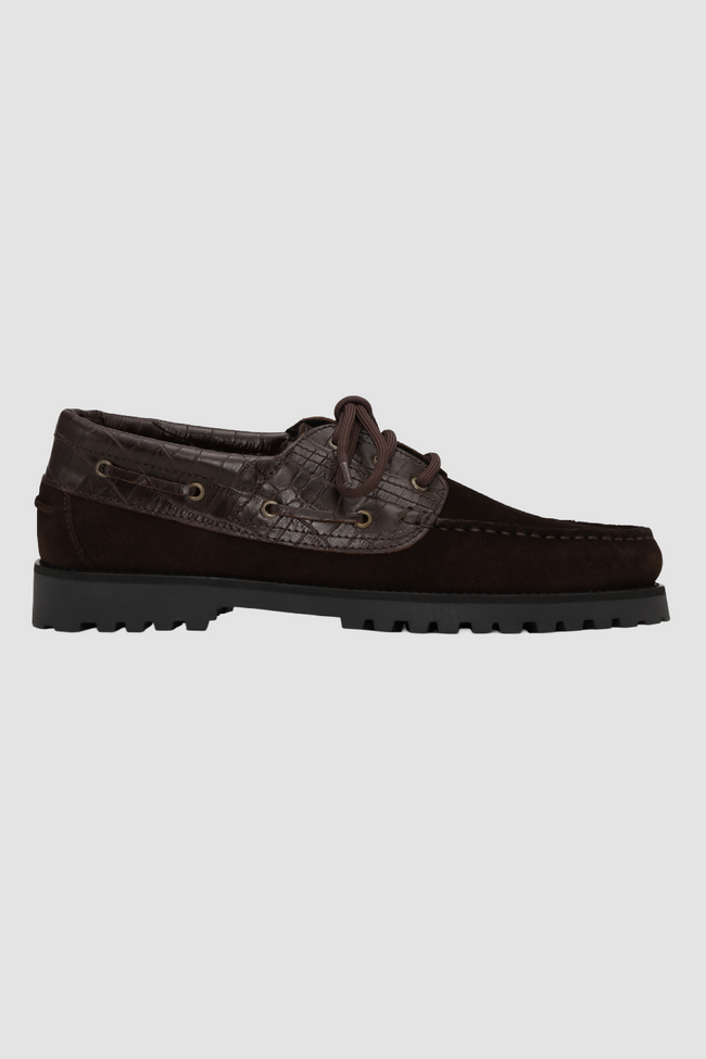 Les Deux Croco Mix Boat Shoes - Brown