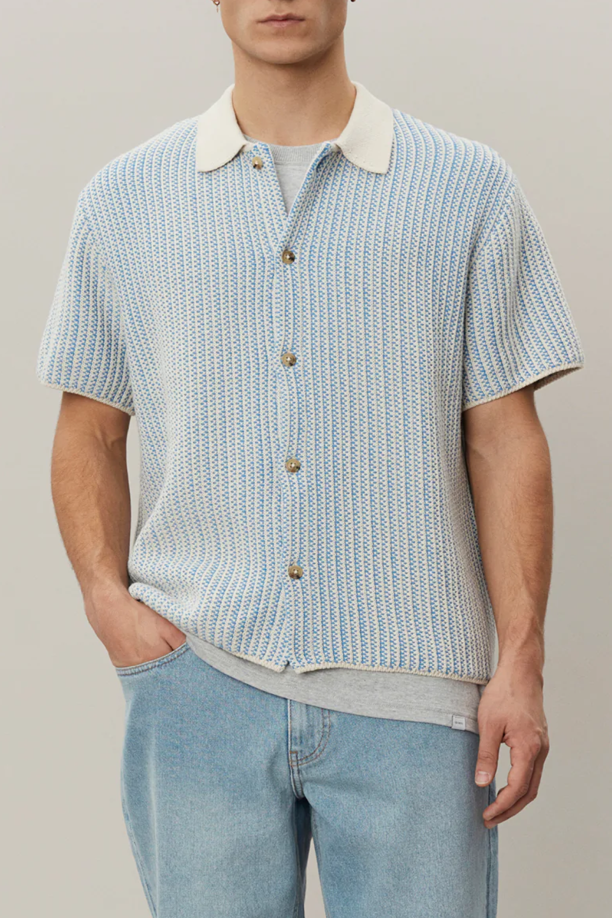 Les Deux Easton Knitted SS Shirt - Washed Denim