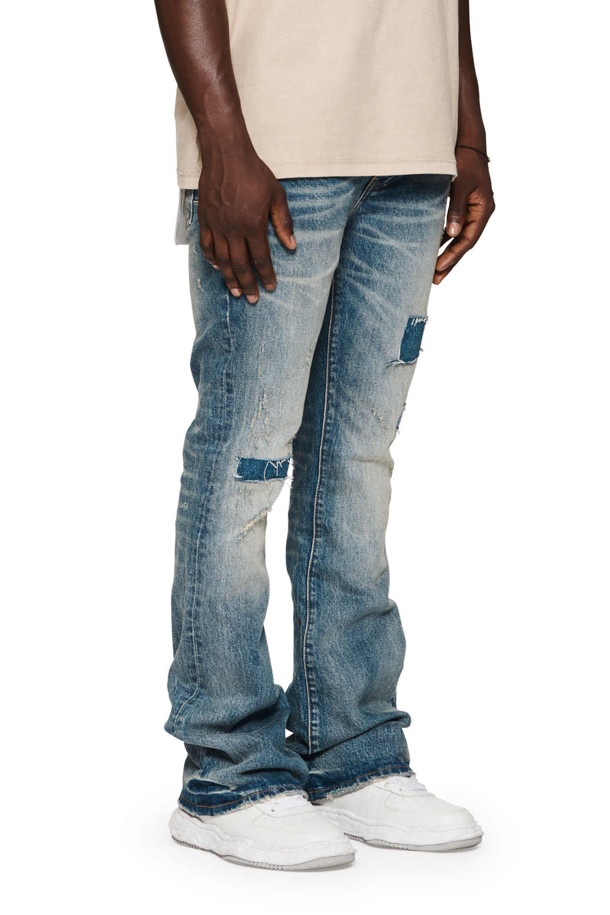 Purple P004 Patch Repair Flare Jeans - Mid Indigo