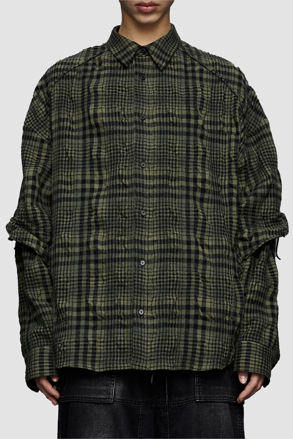 Juun.J Dual Sleeve Crinkled Checkered Shirt - Khaki