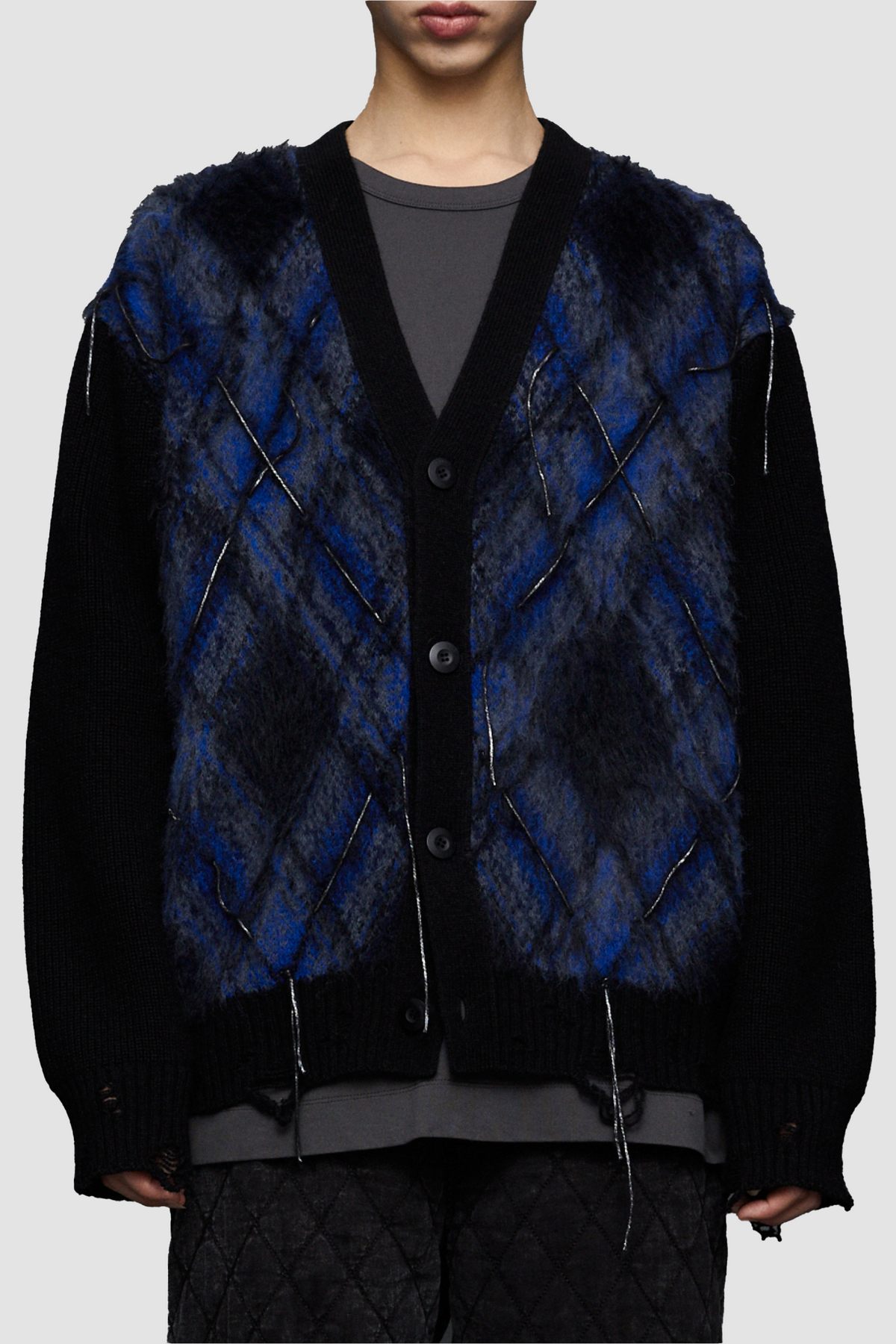 Juun.J Argyle Volume V-neck Cardigan - Blue