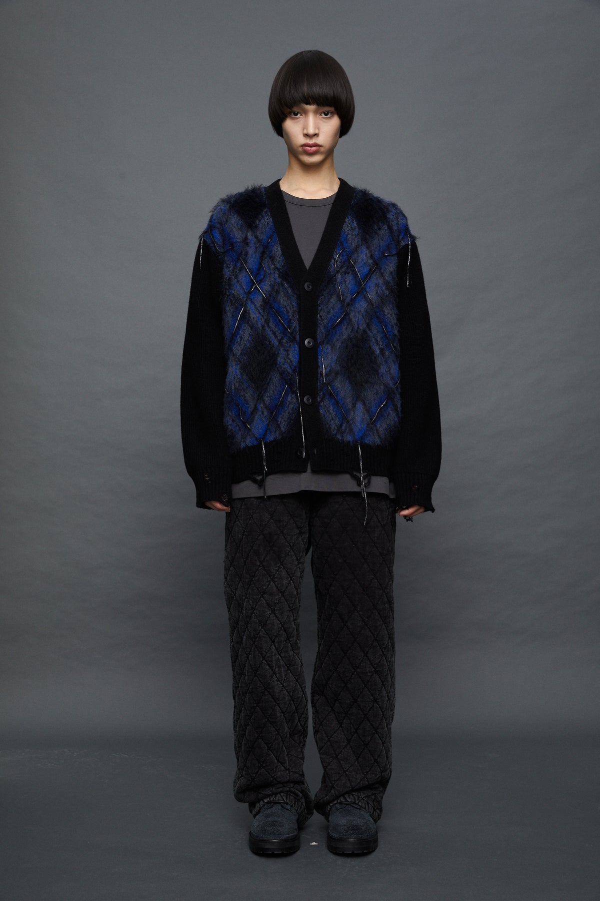 Juun.J Argyle Volume V-neck Cardigan - Blue