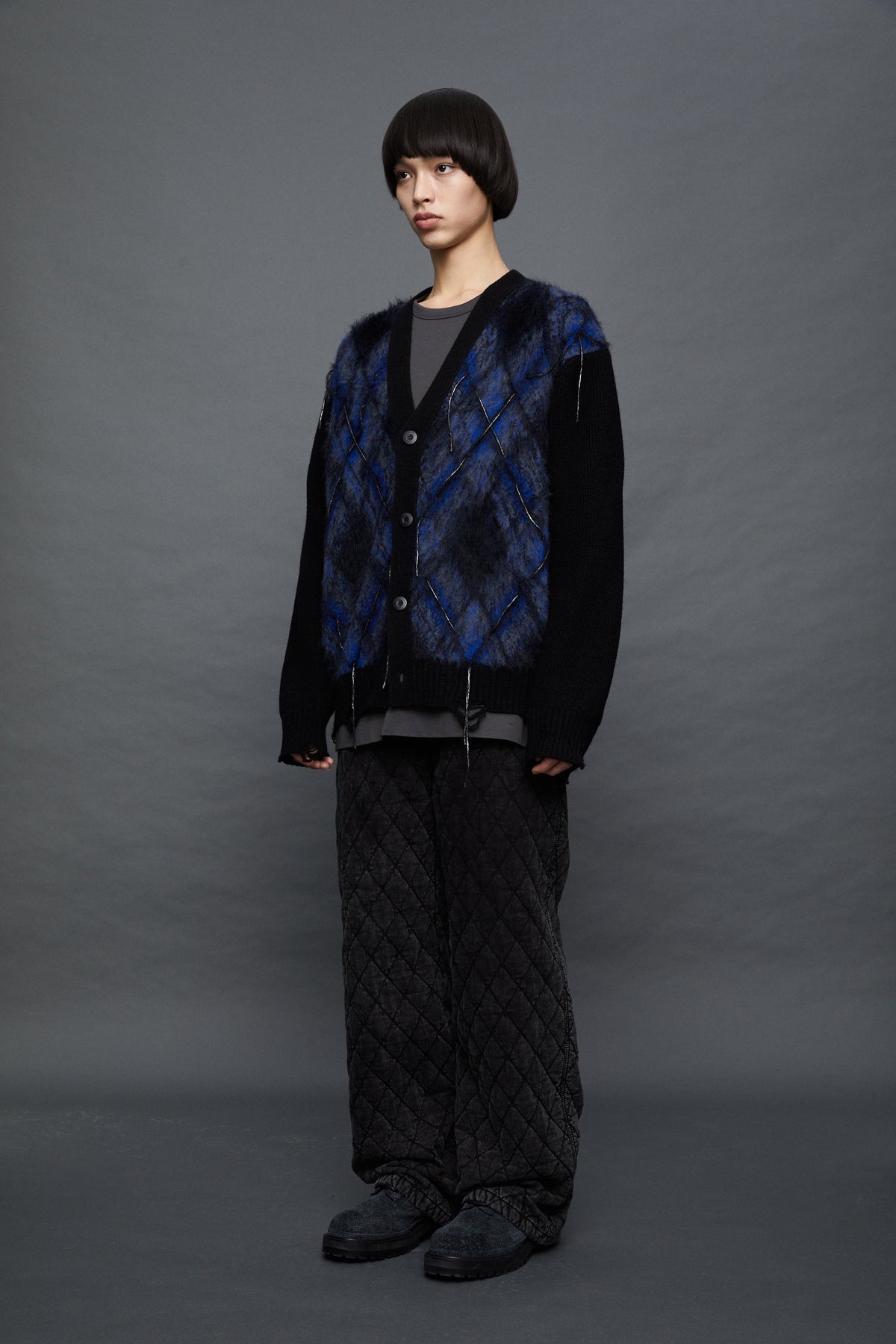 Juun.J Argyle Volume V-neck Cardigan - Blue