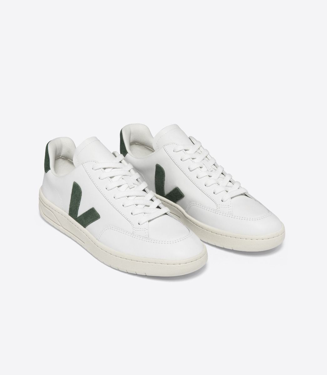 Veja Mens V-12 Leather Sneakers - White/Green