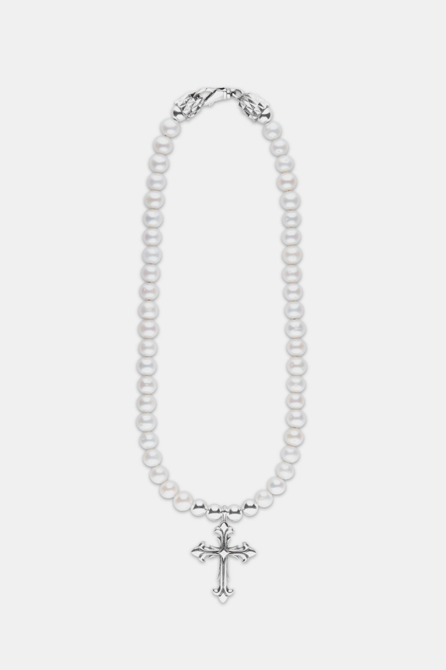 Emanuele Bicocchi Pearl Necklace With Cross - Silver