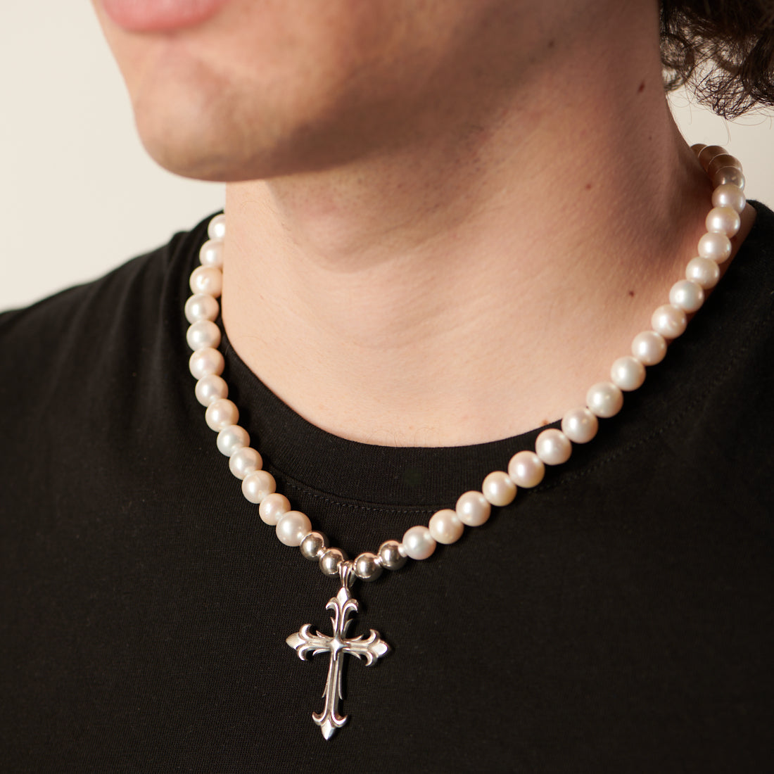 Emanuele Bicocchi Pearl Necklace With Cross - Silver