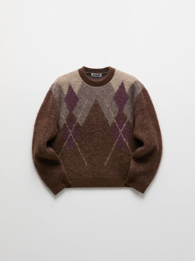 COOR Hairy Mixed Argyle Crewneck Sweater - Brown