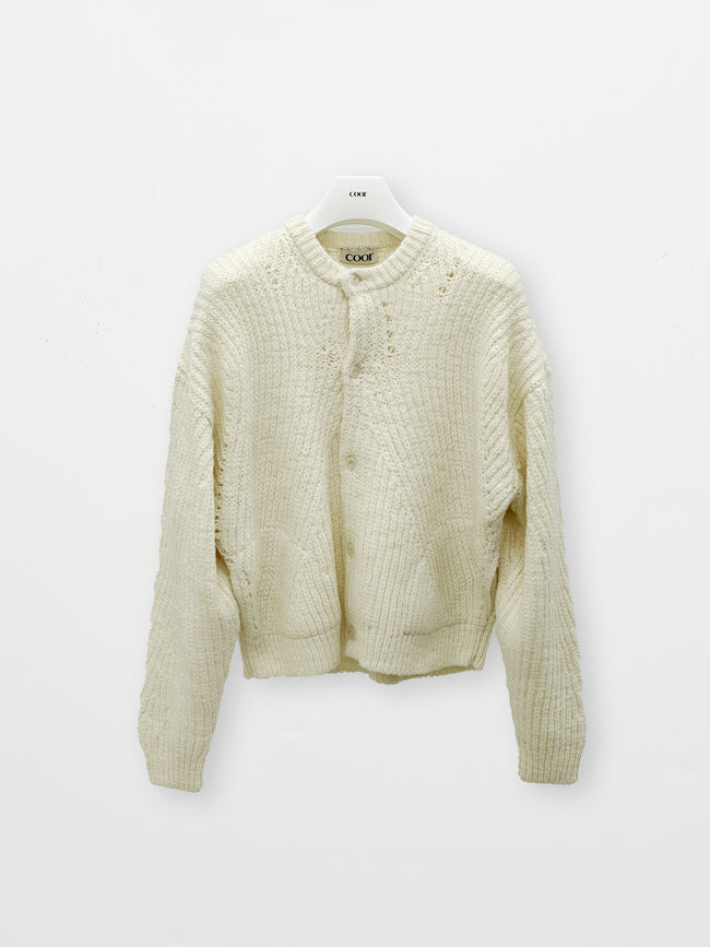COOR Heavy Weight Curved Ribbed Round Neck Cardigan Sweater - Cream