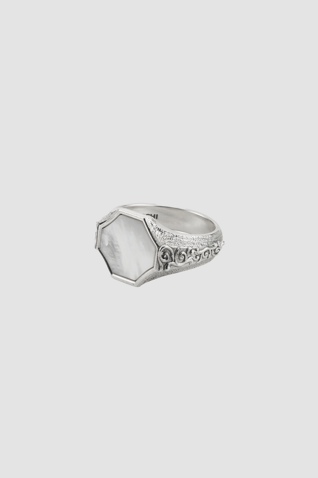 Emanuele Bicocchi Mop Flourishing Signet Ring - Silver/White Daimond