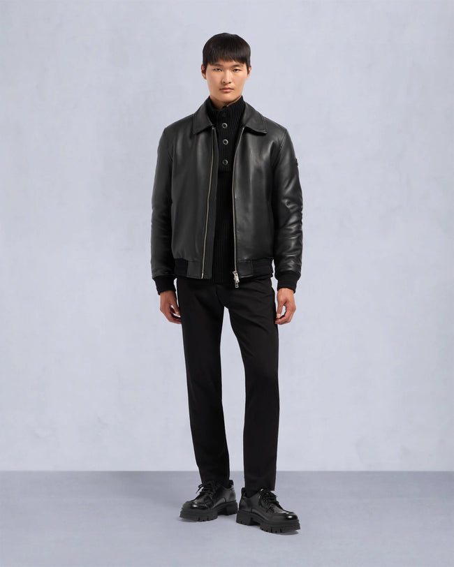 Moose Knuckles Mens Wind Jacket Toba Leather Bomber - Black