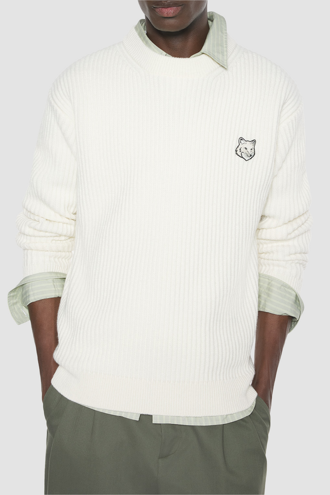 Maison Kitsuné Fox Head Wool Ribbed Sweater - Ecru