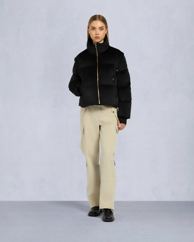 Moose Knuckles Womens Down Bomber Velour Misti Gold - Black