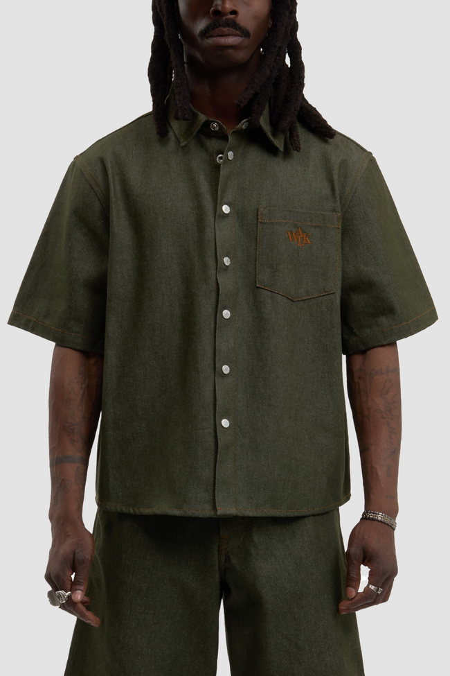 Walk in Paris Short Sleeve Raw Denim Shirt - Green