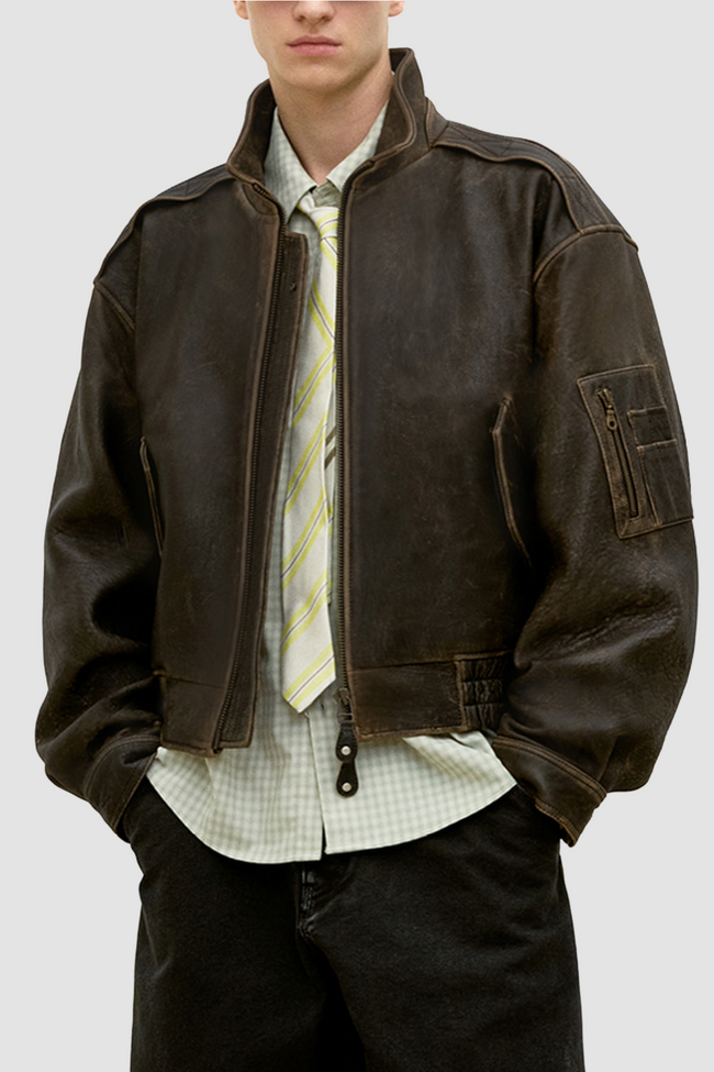 COOR Vintage Shelter Leather Jacket - Brown