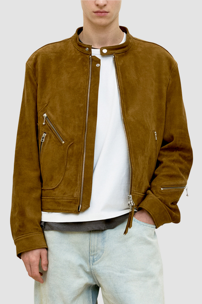 COOR Calf Skin D Pocket Biker Jacket - Camel
