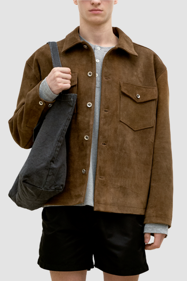 COOR Suede Two-Tone Button Jacket - Camel