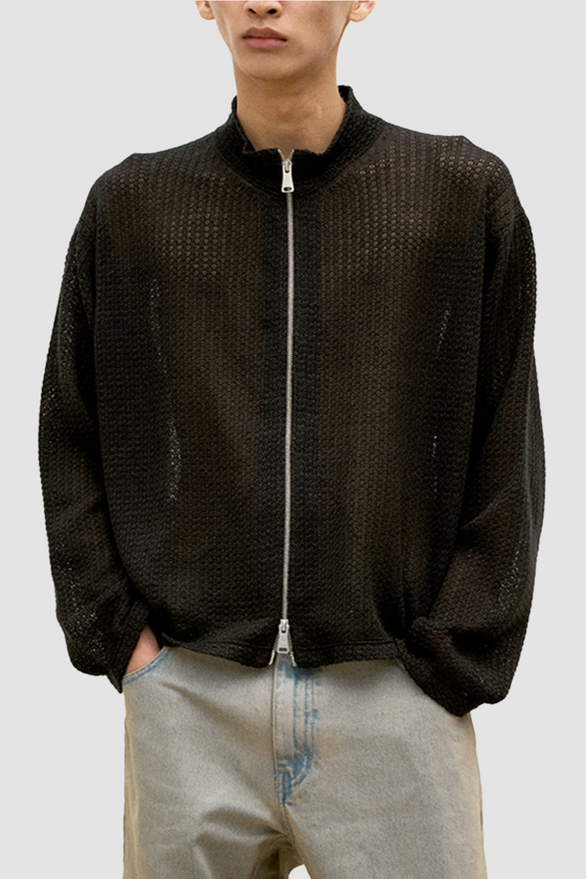 COOR Linen Blend Stand Up Collar Sweater - Charcoal