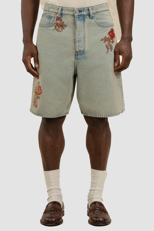 Drôle de Monsieur Brodé Fleurs Denim Shorts - Dusty