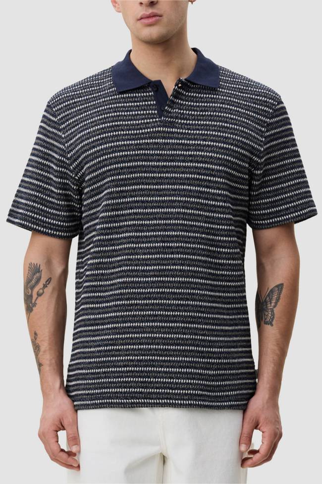 Les Deux Knitted Stripe Polo - Dark Blue Night