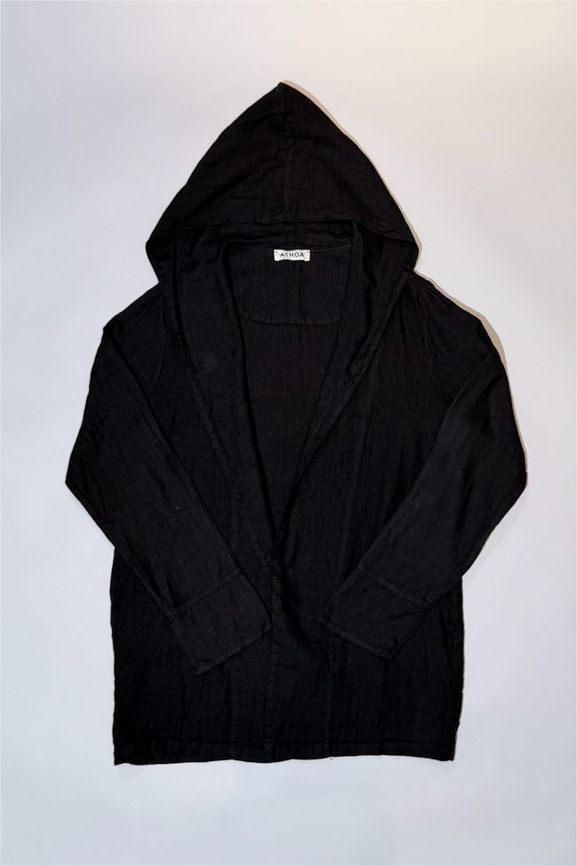 Athoa Linen Loose Hooded Jacket - Black