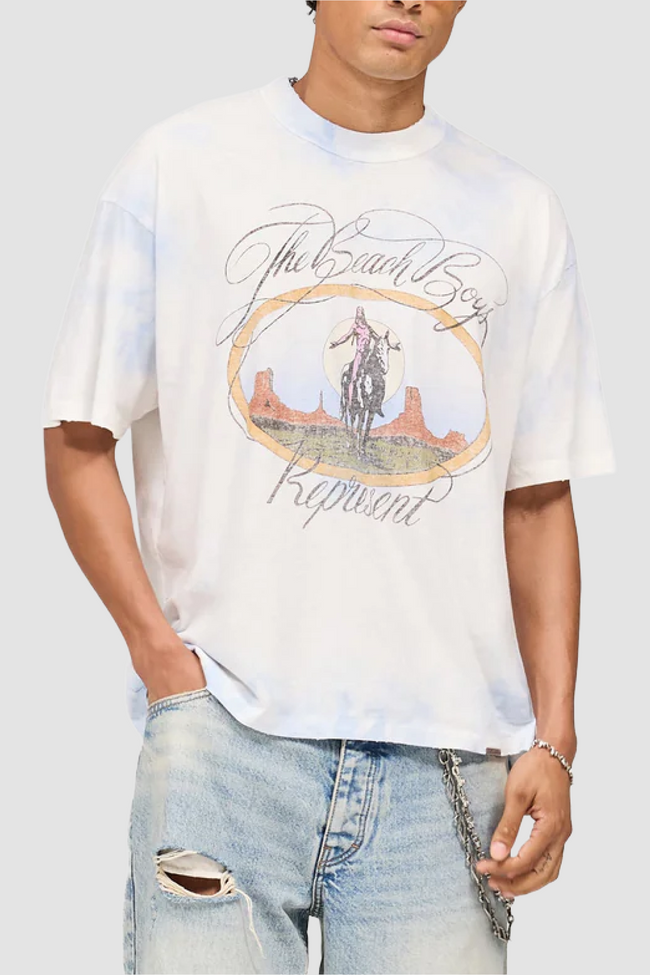 Represent x Beach Boys Script T-Shirt - Tie Dye Blue