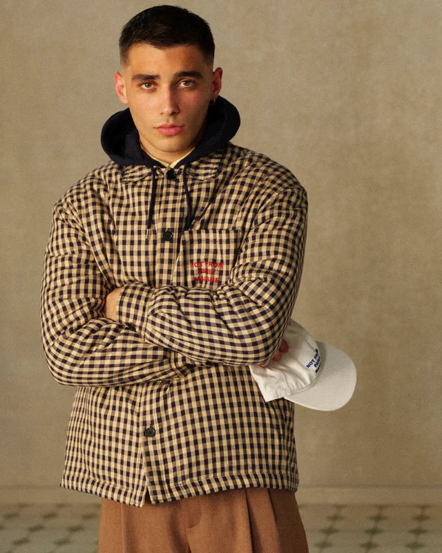 Drôle de Monsieur Check Slogan Oversized Jacket - Beige