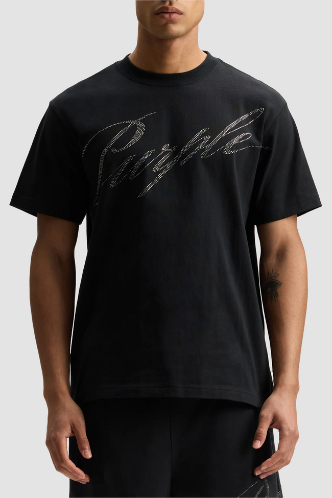 Purple Brand P117-HWBH Crystal Slanted Script Tee - Black