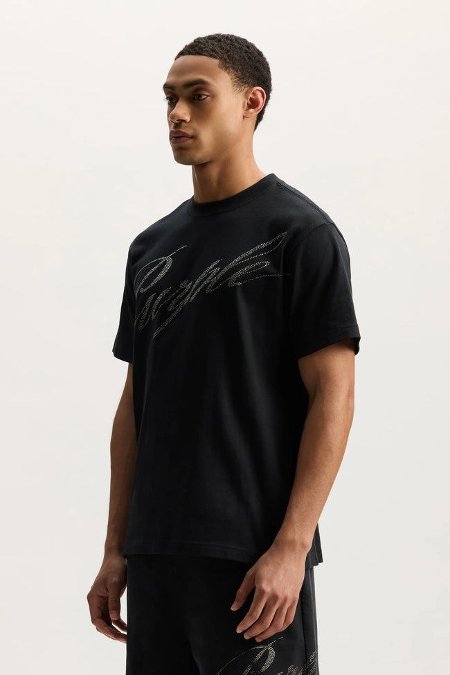 Purple Brand P117-HWBH Crystal Slanted Script Tee - Black