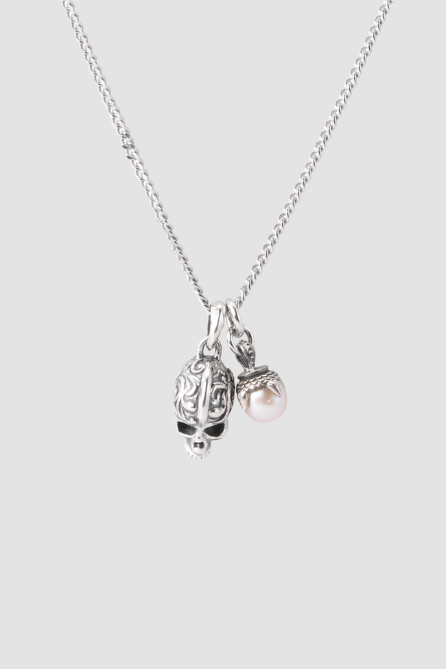 Emanuele Bicocchi Flourish Skull Pearl Necklace - Silver