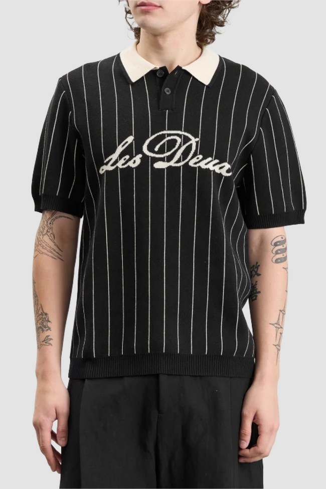 Les Deux Pinstripe Knitted Polo - Black