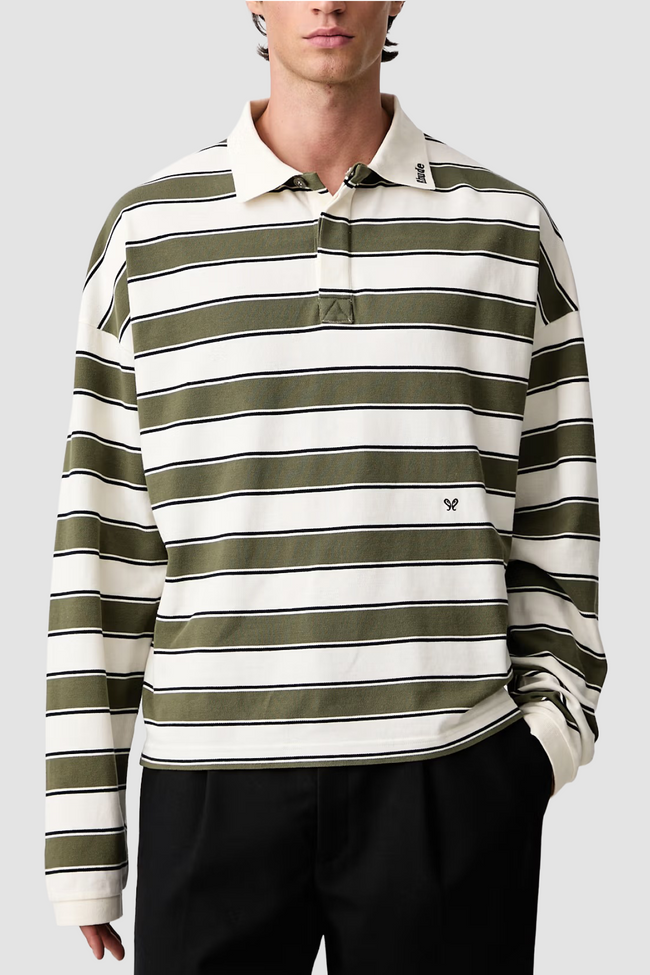 Rhude Fontaine Striped LS Polo - Cream/Olive