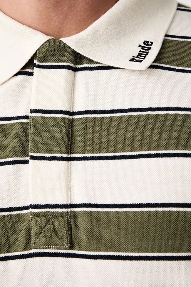 Rhude Fontaine Striped LS Polo - Cream/Olive