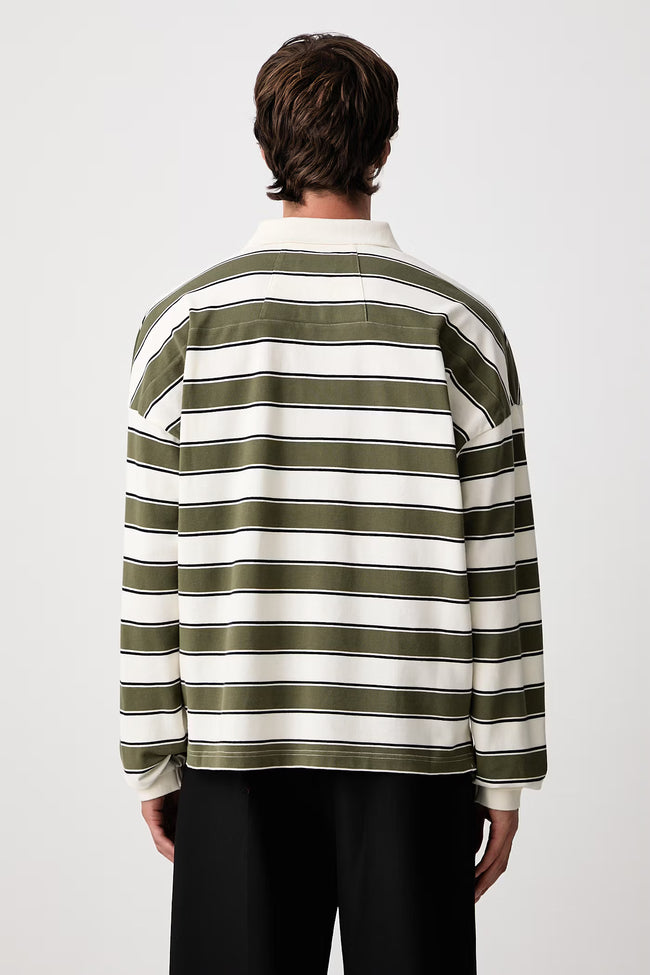Rhude Fontaine Striped LS Polo - Cream/Olive