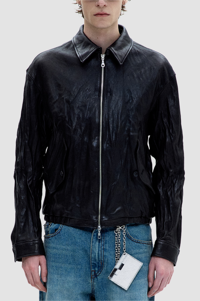 Coor Vegetable Swingtop Pleated Leather Jacket - Black