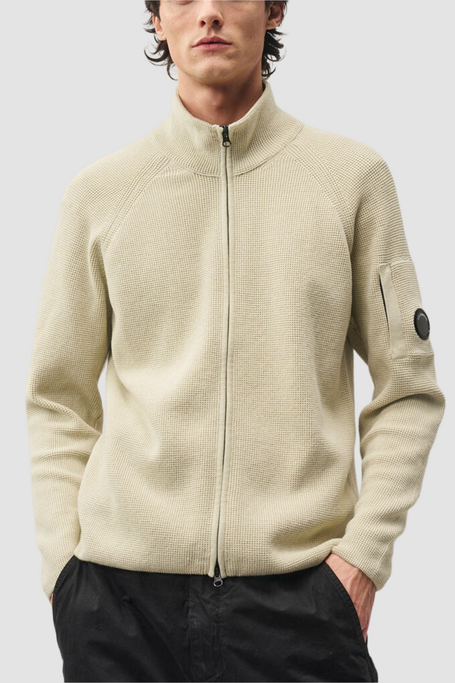 C.P. Company 058A Waffle Zip Cardigan Sweater - Silver Birch