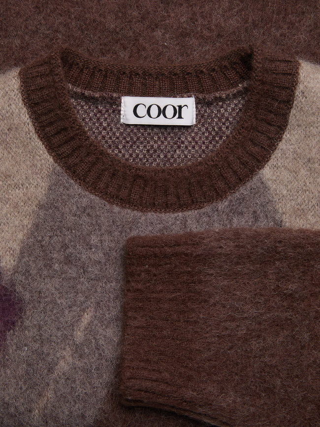 COOR Hairy Mixed Argyle Crewneck Sweater - Brown