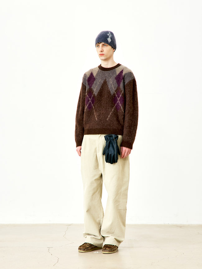 COOR Hairy Mixed Argyle Crewneck Sweater - Brown