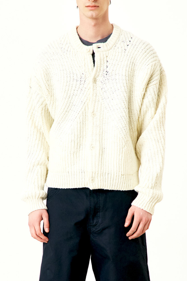 COOR Heavy Weight Curved Ribbed Round Neck Cardigan Sweater - Cream