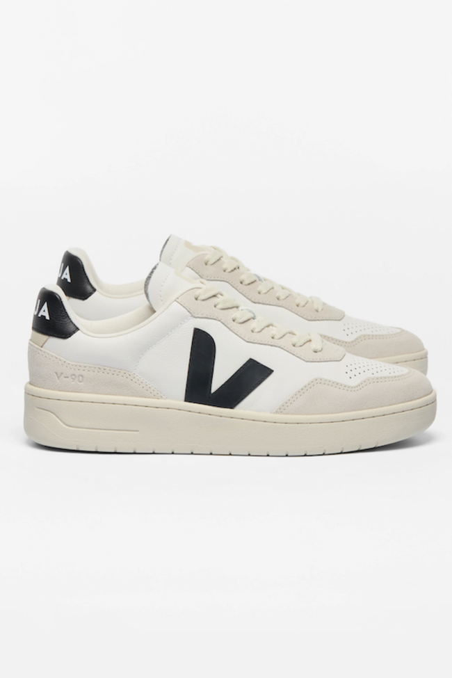 Veja Mens V-90 O.T. Leather Sneakers - White/Black