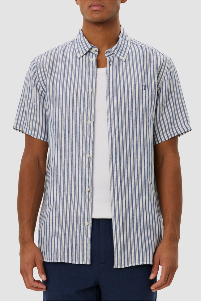 Les Deux Kris Linen Stripe SS Shirt - Blue