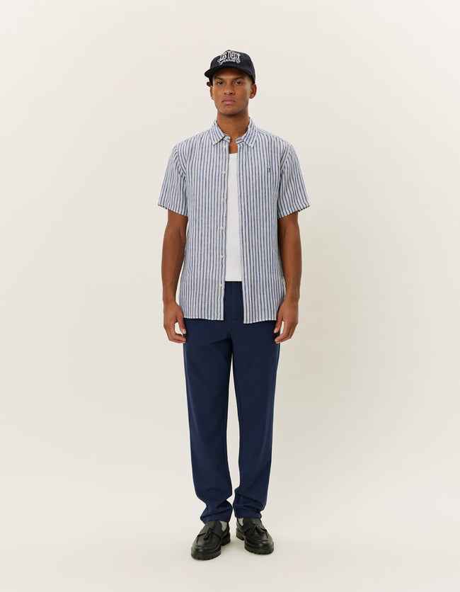 Les Deux Kris Linen Stripe SS Shirt - Blue