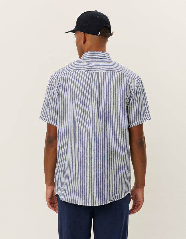 Les Deux Kris Linen Stripe SS Shirt - Blue