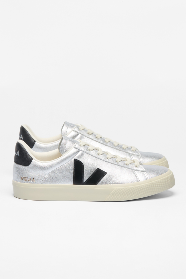 Veja Womens Campo ChromeFree Leather Sneakers - Silver/Black