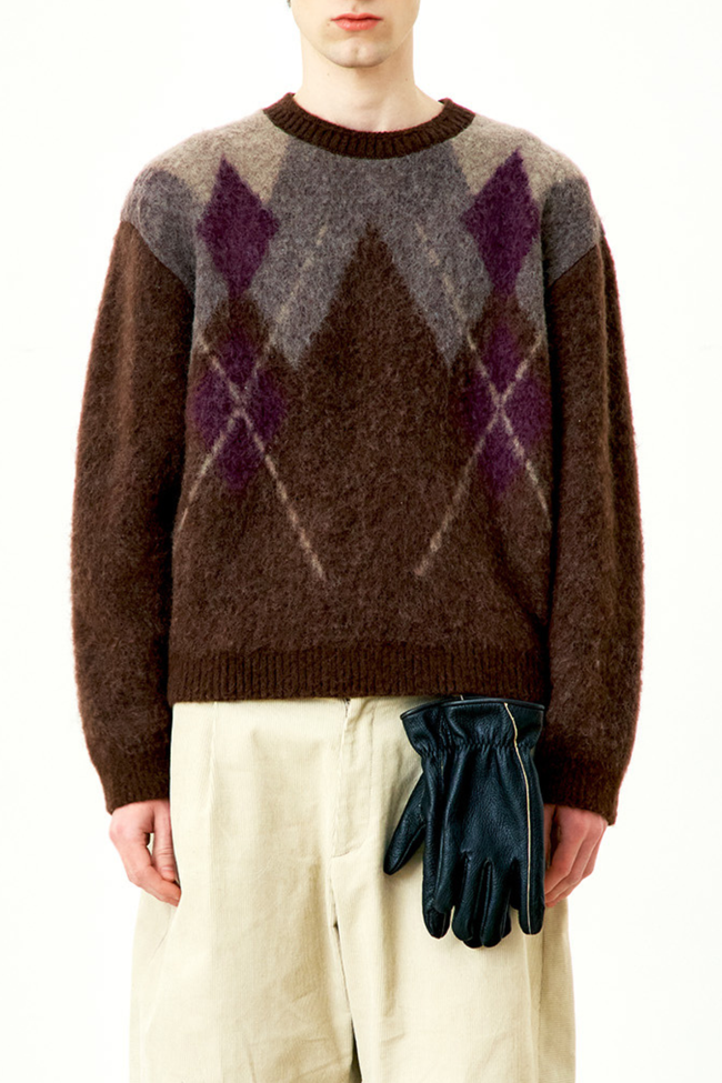 COOR Hairy Mixed Argyle Crewneck Sweater - Brown