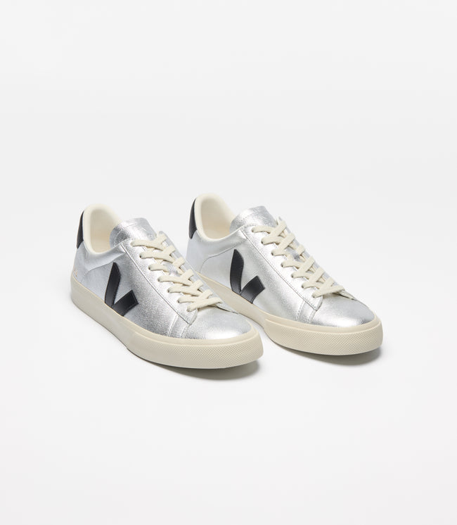 Veja Womens Campo ChromeFree Leather Sneakers - Silver/Black
