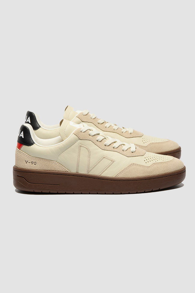 Veja Mens V-90 O.T. Leather Sneakers - Beige/Almond/Black